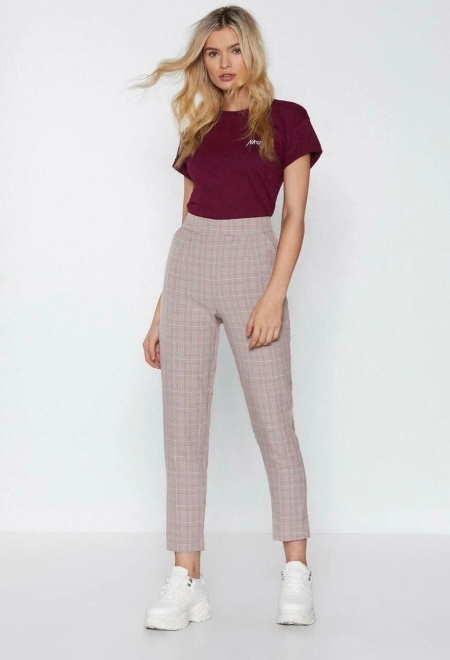Nasty Gal Pants Women's Size 8 Pink Houndstooth Plaid High Rise Pockets NEW